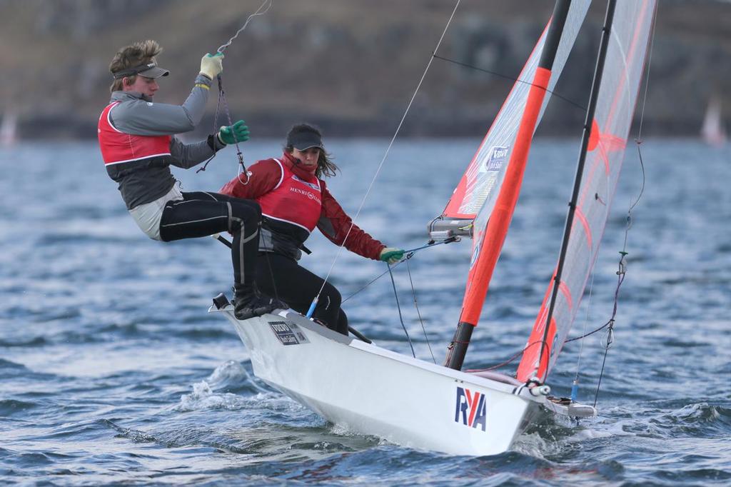 29er,8, Mimi EL-Khazindar, Ben Batten, Royal Lymington Yacht Club<br />
Day 4, RYA Youth National Championships 2013 held at Largs Sailing Club, Scotland from the 31st March - 5 April. <br />
 ©  Marc Turner /RYA http://marcturner.photoshelter.com/